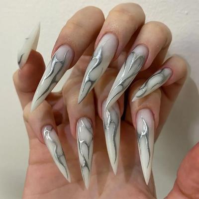 New Long Stiletto False Nails Mechanical Silver Black Vine French Nail Tips Detachable Full Cover Press On Nails DIY