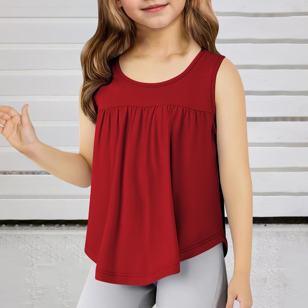 Children's Round Neck Casual Solid Color Sleeveless Pleated T-shirt Top