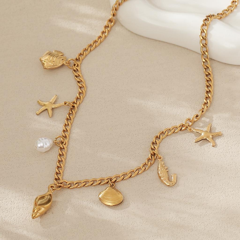 Titanium Steel Necklace - Summer Fashionable Sea Star and Sea Shell Beach Style Ocean Collar Chain