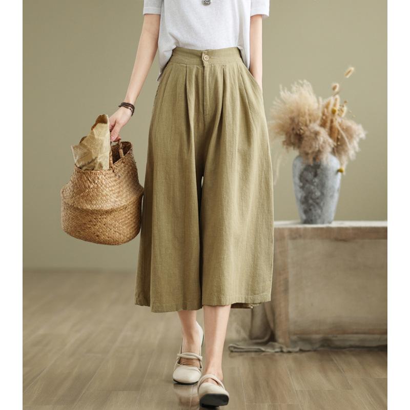 Real Shot Summer New Cotton and Linen Literary Loose Casual Retro Nine-point Wide-leg Pants Women