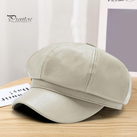Women Beret Hat Spring Summer Retro Solid Color Faux Leather Short Brim Decorative Sun Protection Anti-UV Breathable Lady Painter Unisex Octagonal Cap