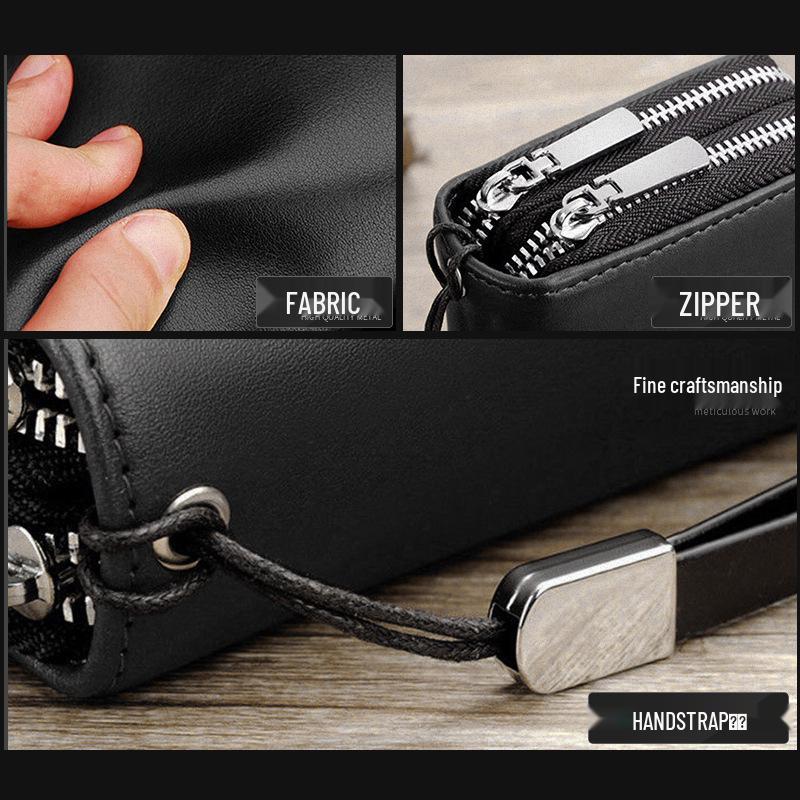 Men's Long Clutch Wallet with Multi-Card Slots, Phone Pocket, and Zippered Business Card Holder.