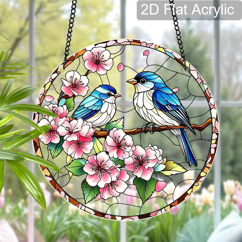 2D Flat Acrylic Peach Blossom Birds Suncatcher Decorative Hanging Ornament, 7.87/11.81inches Love Birds Home Window Porch Wall Garden Tree Decor