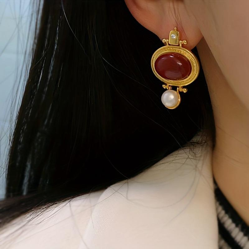 Retro Light Luxury Red Elegant Fashionable Zircon Earrings for Women Geometric Patterns Sweet Temperament Versatile Party Gift