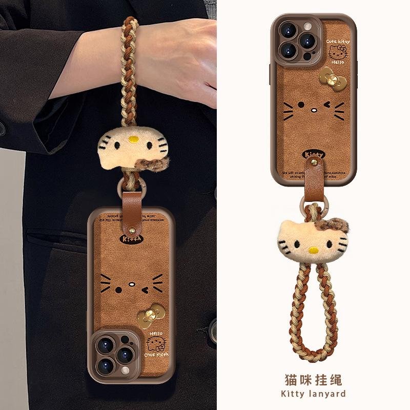 KT Cat Bow Doll Lanyard Suitable for Apple 13PRO Lambskin Mobile Phone Case 14 Fine Hole Anti-drop 12 Retro X