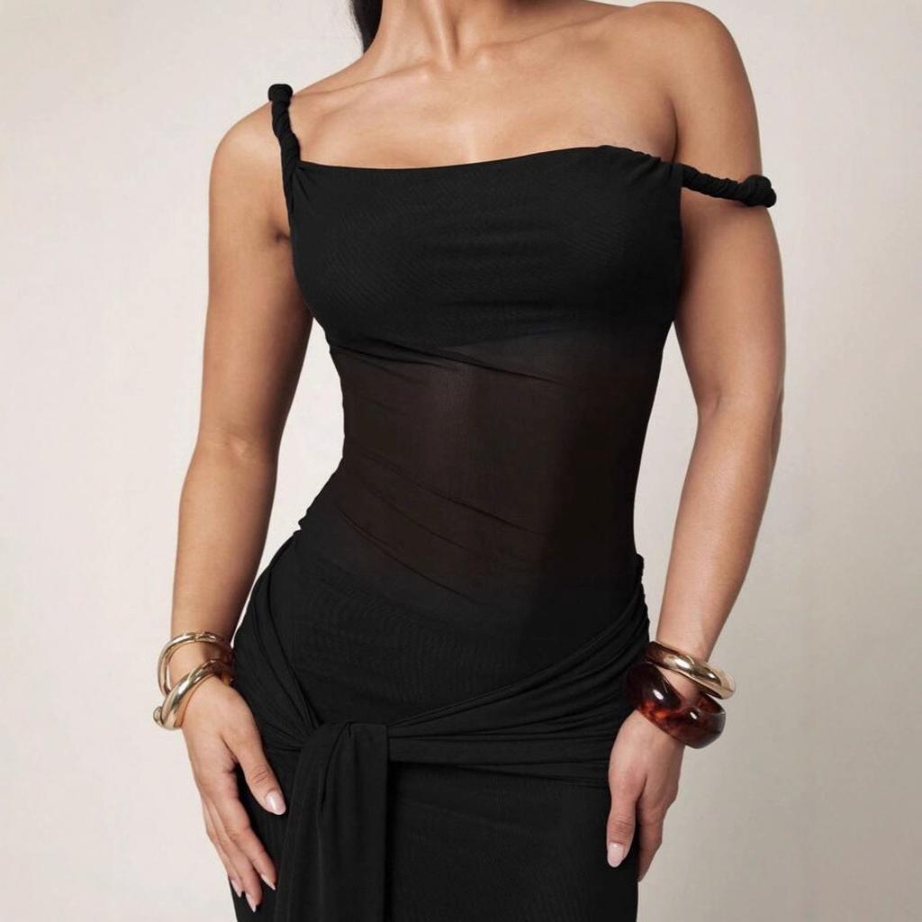 GD-solid Color Sexy Waist See-through Tube Top Strap Design Slanted Shoulder Dress