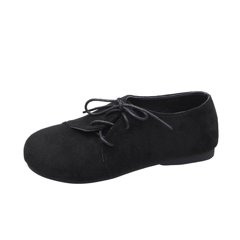 Suede Flat Single Shoes Autumn New Round Toe Deep Mouth Front Lace-Up Soft Sole Non-Slip Wear-Resistant Plus Size Low Top Shoes