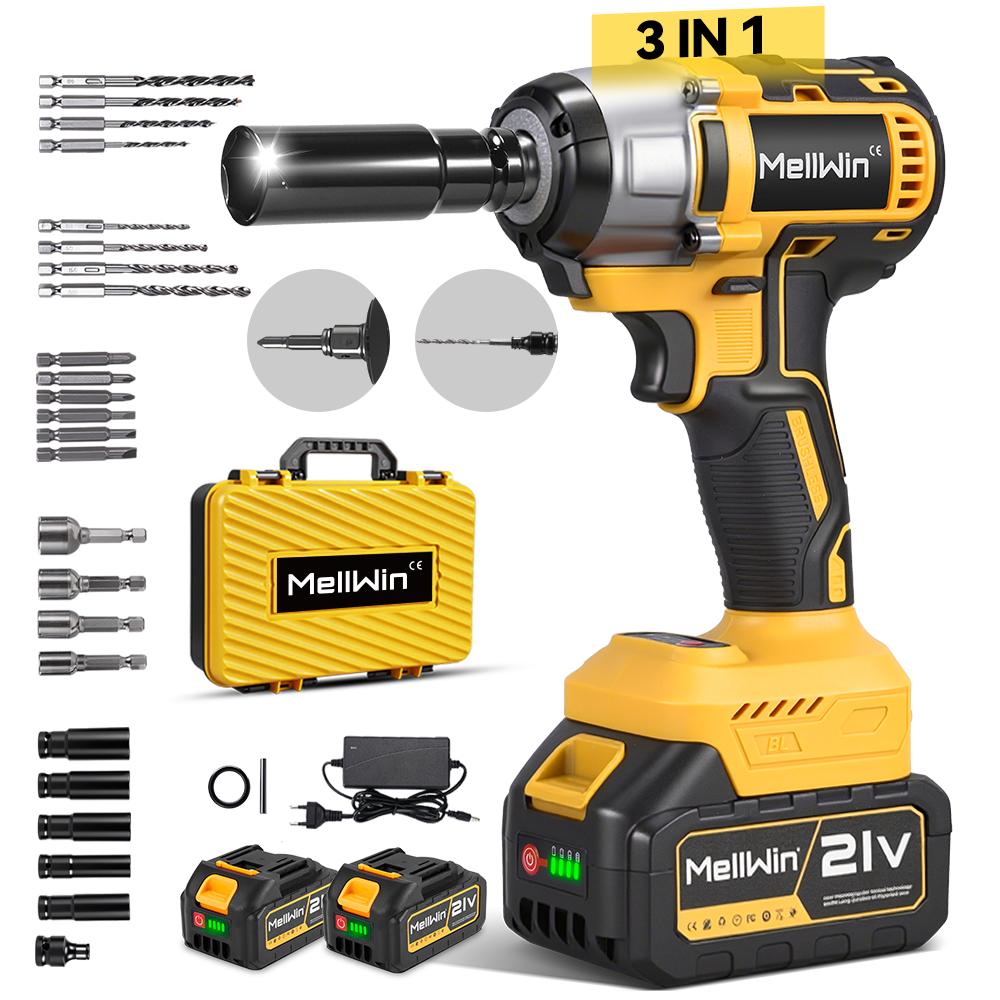 MELLWIN 520N.M Bürstenloser Elektrischer Schraubenschlüssel 3-IN-1 Akku-Schlagschrauber Elektroschrauber Bohrmaschine Für Makita 18V Akku Stift