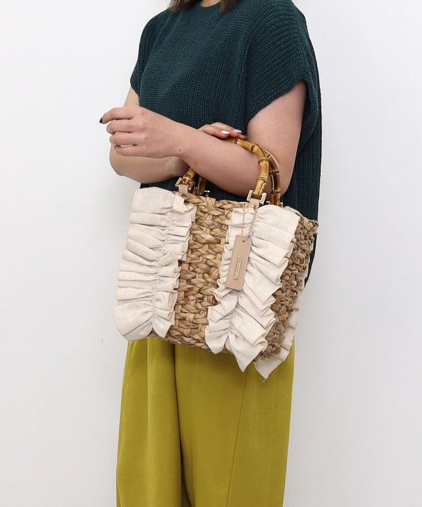 Samir Nasri Ruffled Bamboo Handle Tote Beige Women's Bag, (050)