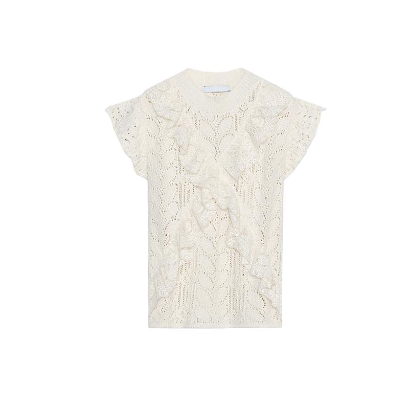 Spring and Summer New Women's Clothing Round Neck Short Sleeve Laminated Decoration Jacquard Mesh Fabric Knitting Tops 6236110