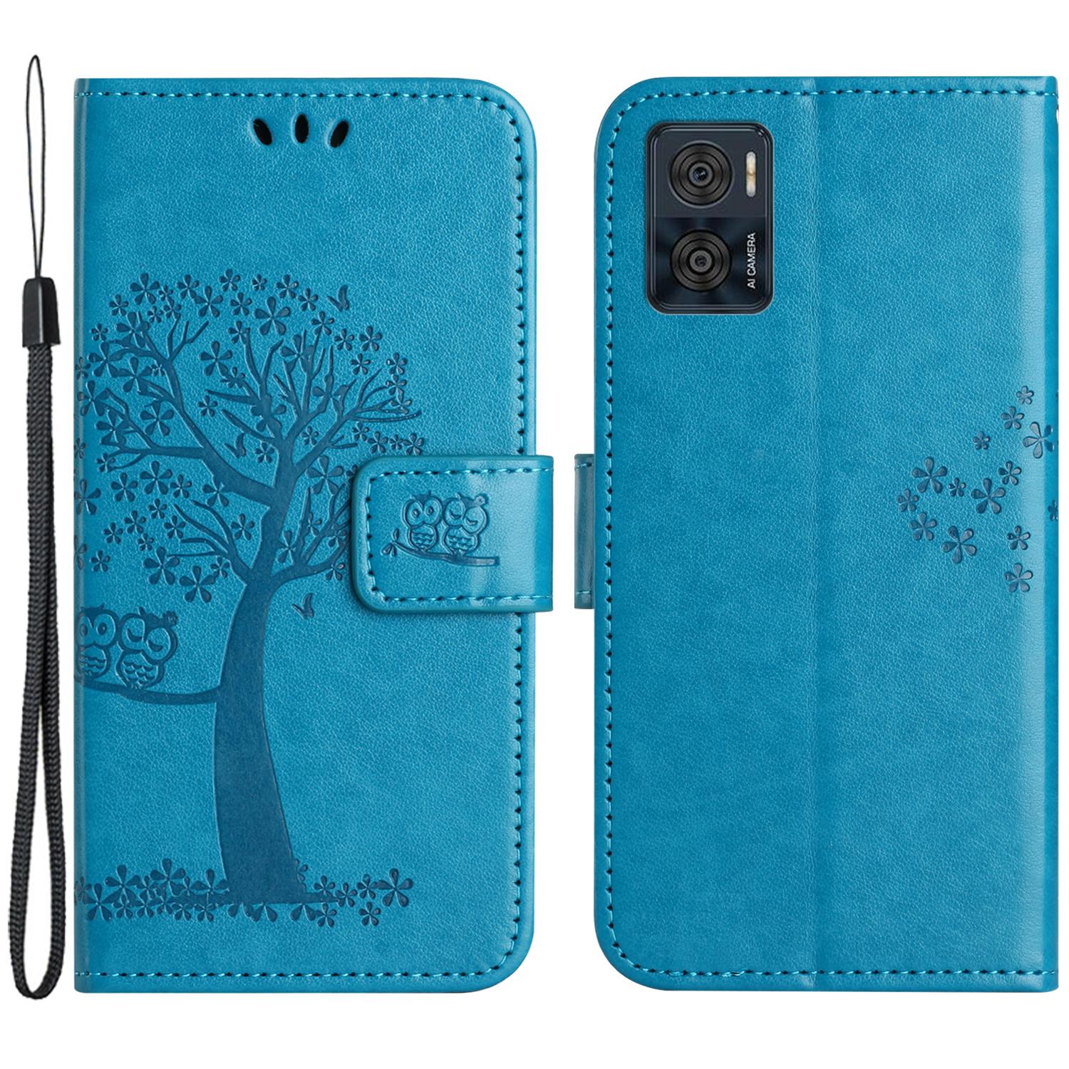 

For Motorola Moto E14 4G/G04 4G/G04s 4G/G24 4G Case PU Leather Phone Cover Owl Tree Pattern Blue
