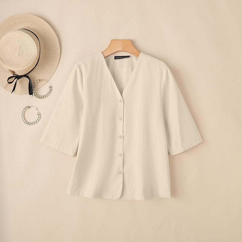 ZANZEA Women Casual V-Neck Solid Color Loose Half Sleeve Blouse