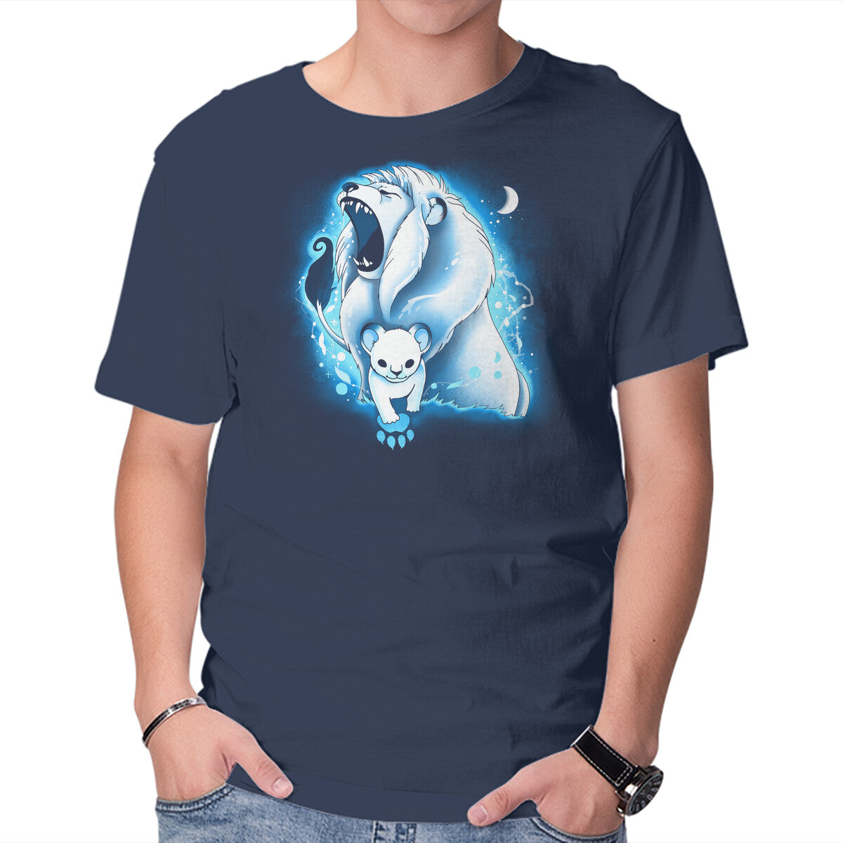 Unisex Crew Neck T-Shirt White Lion Graphic Short Sleeve Casual Tee XS