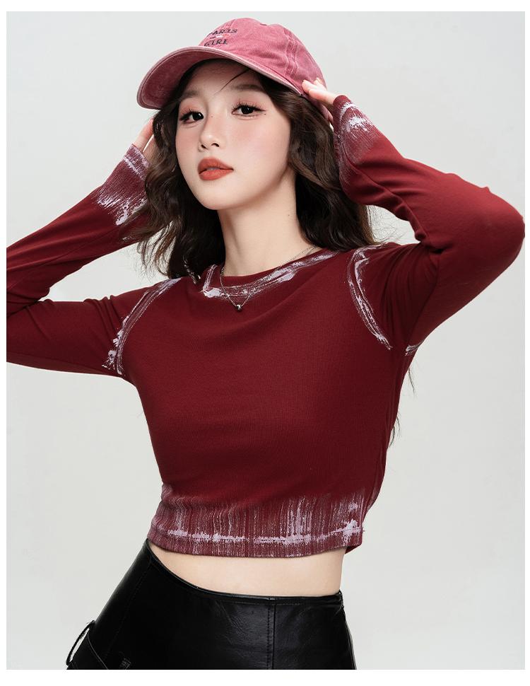 Color Brushing Craft Spicy Girl Short T-shirt Fashionable Spring and Autumn Style Personalized Long-sleeved Round Neck Slim Fit Inner Top