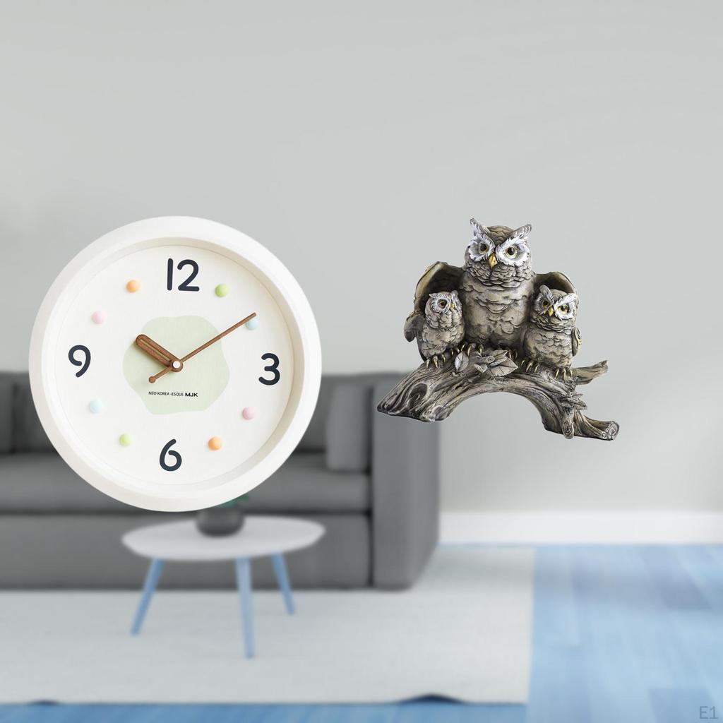 Modern Wall Clock Owl Figurines Round No Ticking Quiet Large Numerals Decorative Animal Sculpture