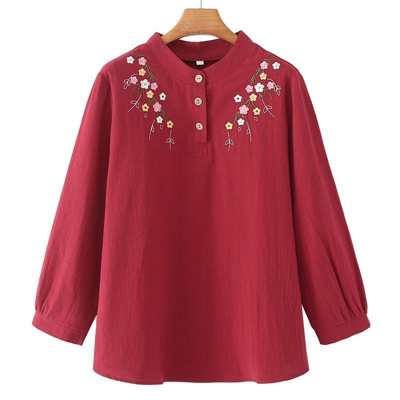 

Весенне-осенняя рубашка с длинным рукавом для женщин среднего возраста, свободный хлопковый вышитый топ, универсальная базовая рубашка XL красный