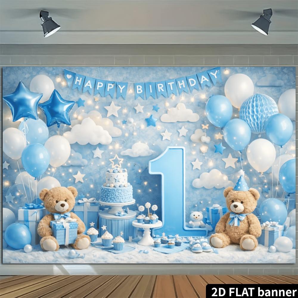 2D Ebene Doppel Babybären Blau und Weiß 1. Geburtstag Hintergrundtuch - Doppel Babybär Puppen Design