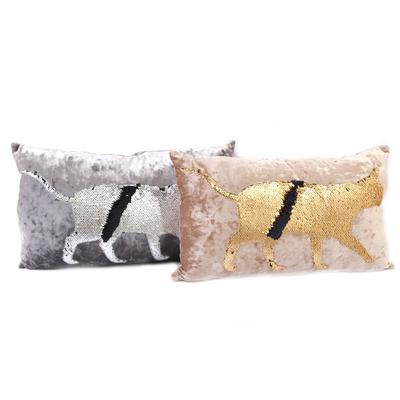 [A1422] - Sequined Velvet Cushion 'Cats' Golden Beige - 50x30 Cm
