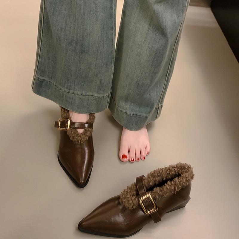 Fashion Autumn Fashion Furry Women Mary Jane Shoes Elegant Pointed Toe Low Heel Shoes Ladies Outdoor Comfort Warm Leather Footwear