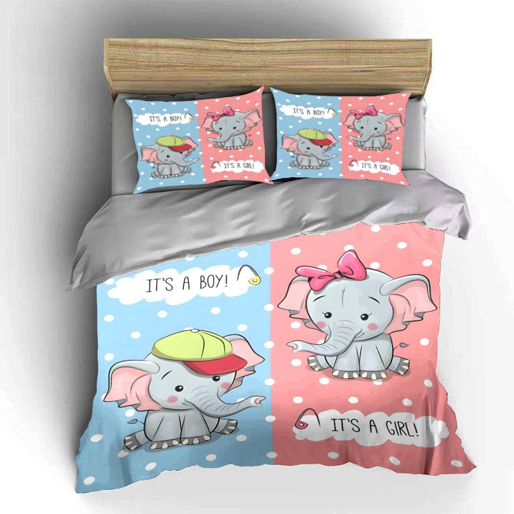 Cute baby elephants gender reveal illustration Print Bedding Set 1 Duvet Cover 2 Pillowcases for Adult and Children Luxury Gift