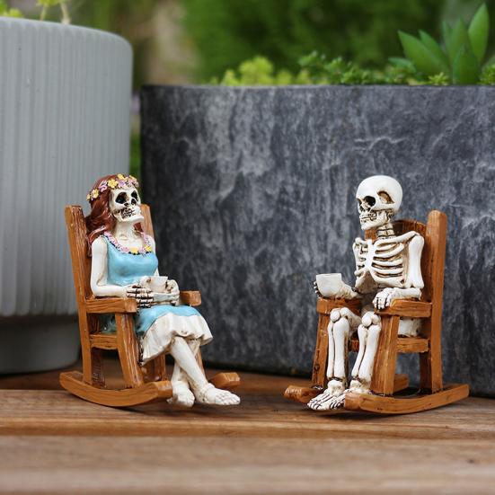 Skeleton Couple Figurine Resin Male And Female Skeleton Ornament Skeleton On Rocking