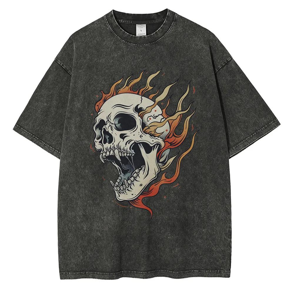 Flame Skull Graphic T Shirts Heavyweight Pure Cotton Distressed Washed T Shirt Drop Shoulder Retro Oversized Men s Tops S разноцветный