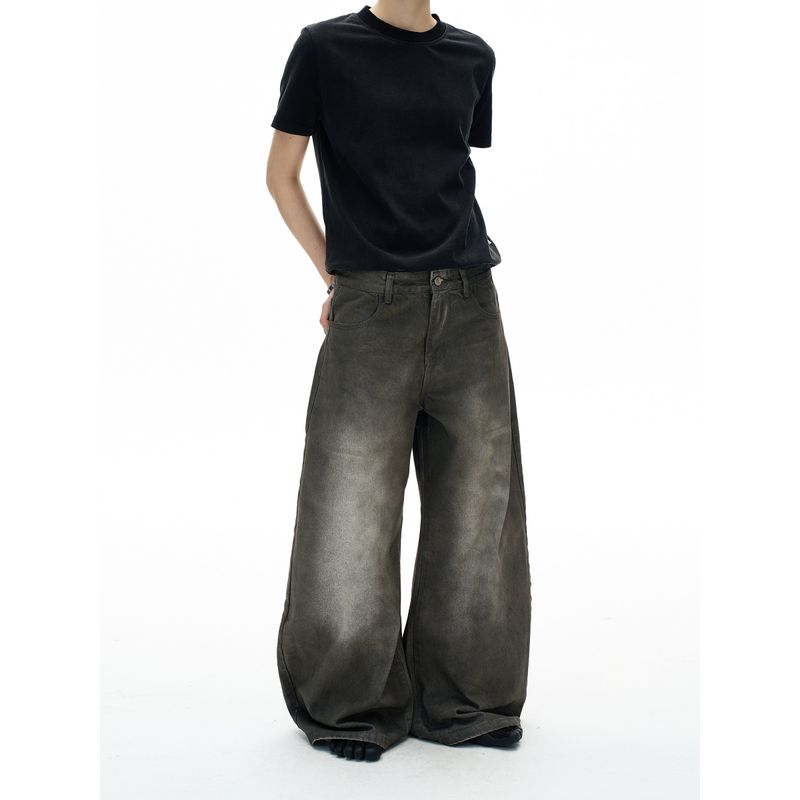 Madwitch American-Style Trendy Brand Distressed Washed Scimitar Jeans for Men and Women, Loose Wide-Leg Cool Design Pants