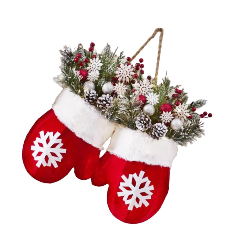 LED Christmas Mitten Wreath With Realistic Pine Cones Red Berries Indoor Outdoor Holiday Decoration For Door Mantle