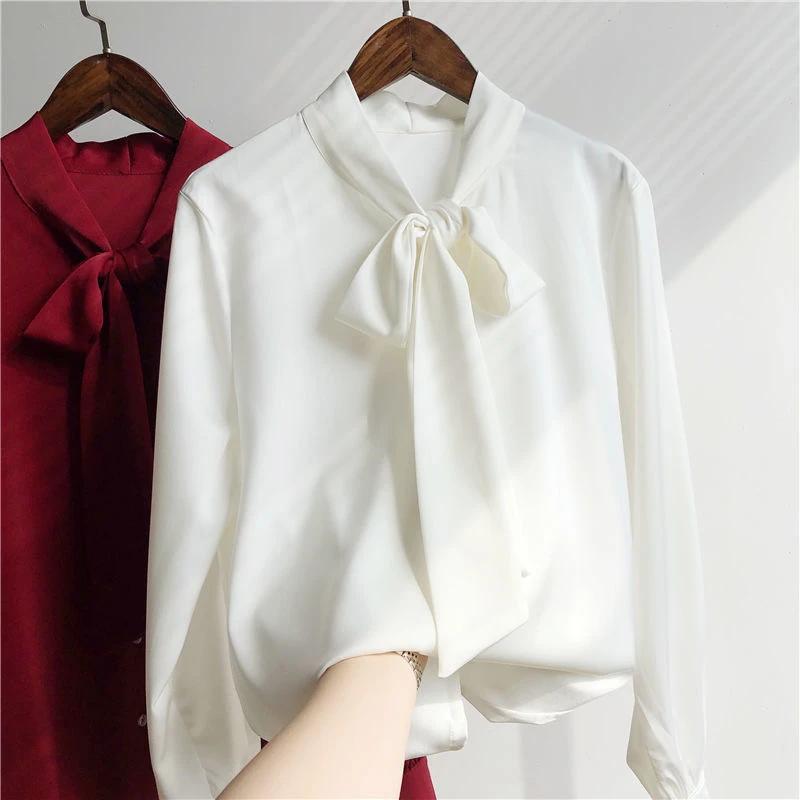 Fashion Shirt for Women Long-sleeved Autumn New Bow High Quality Satin Loose Korean Base Top