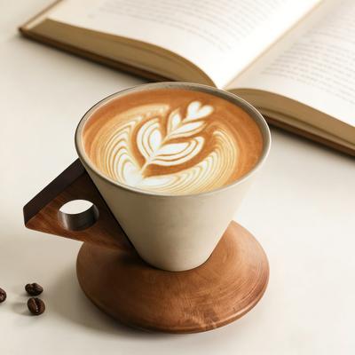 Yousheng Creative Cone Coffee Cup Set with Ergonomic Handle Solid Wood Coaster High-Temperature 250ml Ceramic Tapered Mug for Espresso Latte Stylish
