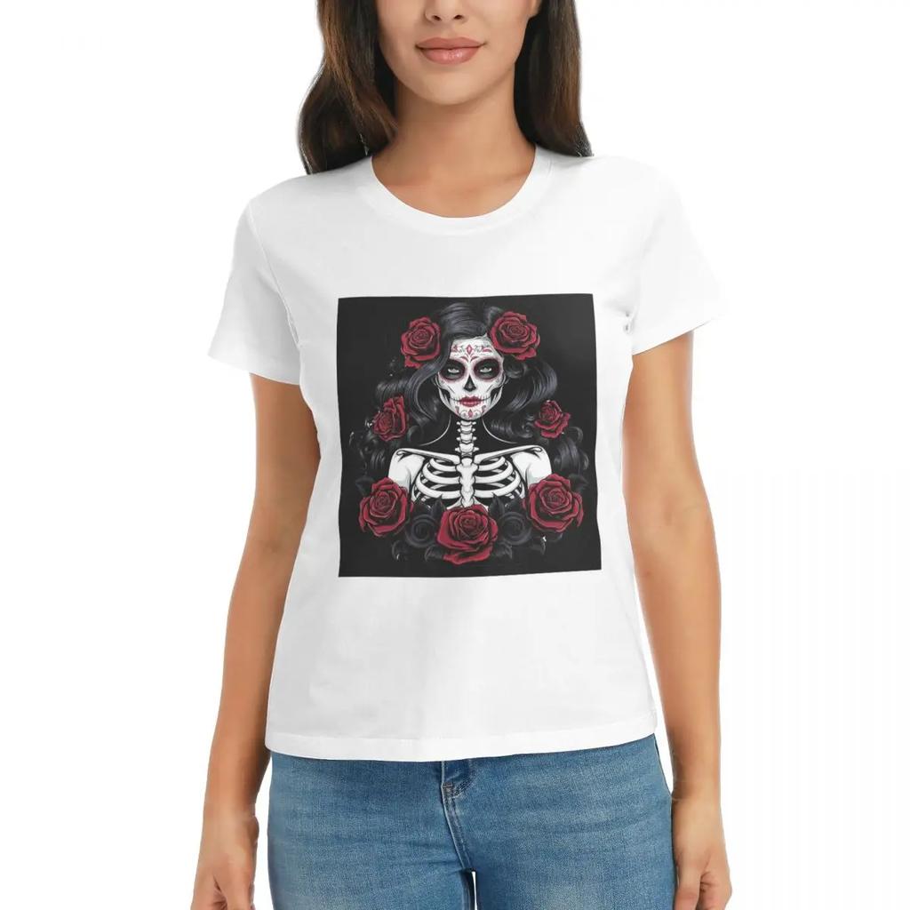 Women TShirt Mexican Catrina Girl Day Of The Dead Summer Short Sleeve Tees Round Neck Cotton T Shirts Clothes Tops Streetwear