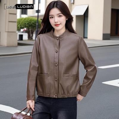 Damen Vintage Rundhals PU-Lederjacke