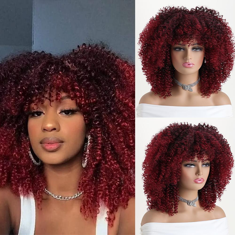 16 Zoll Afro Kinky Curly Synthetikhaar Gradient Lila Perücken mit Pony Weiche Flauschige Faser Perücken für Party Cosplay Tägliche Nutzung