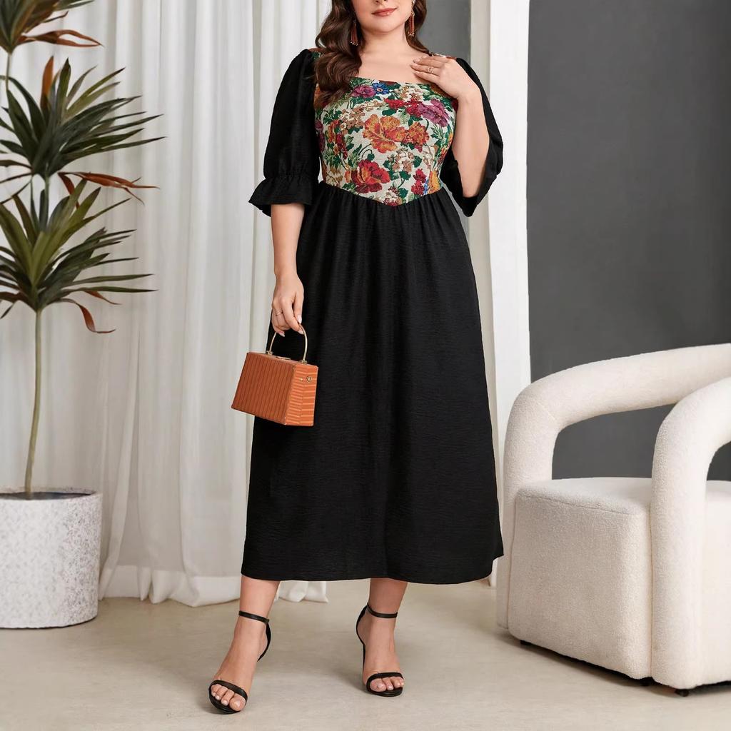 Plus Size Vintage French Style 7 10 Sleeve A Line Print Spliced Dress For Women Autumn Winter