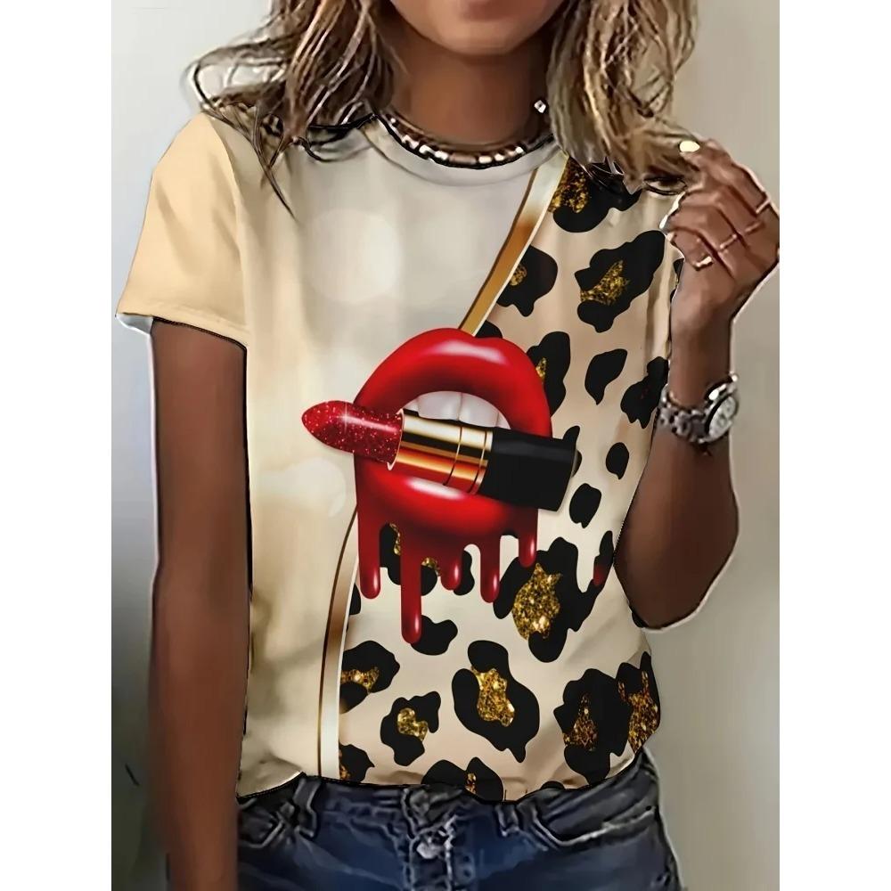 3D Leopard Print and Lipstick Print Short-sleeved Top Summer Casual Everyday Women's T-shirt Urban Street Fashion Women's Y2K