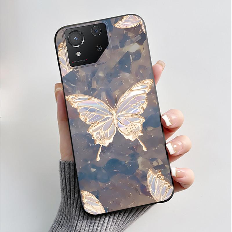 For ASUS ROG Phone 8 Case For ROG Phone 8 Pro Case Capa Soft Silicone Black Shell Cover Cute Flower Cartoon Printing Phone Cases