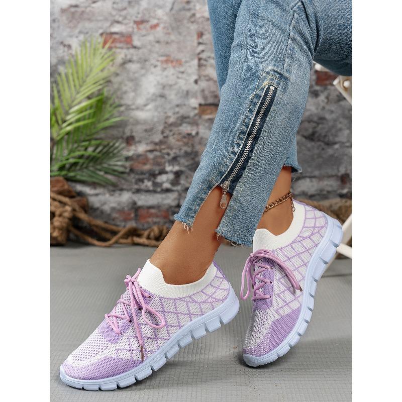 Women's Breathable Knit Lace-Up Casual Sports Shoes, Thick-Soled Trendy Footwear, Available In Large Sizes.