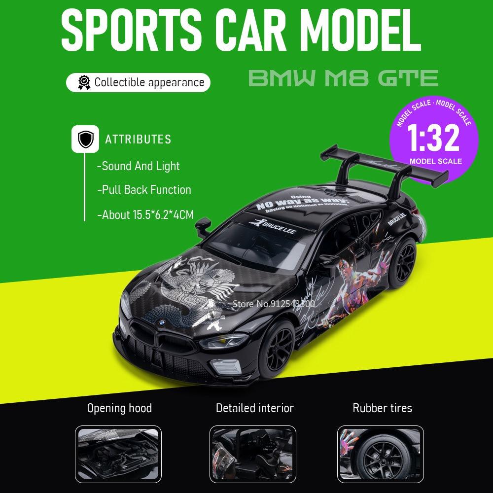 1:32 BMW M8 GTE 320I Car Model Toy Door Opened Sound Light Pull Back Alloy Body Rubber Tires Racing Cars Boy Collection Gift