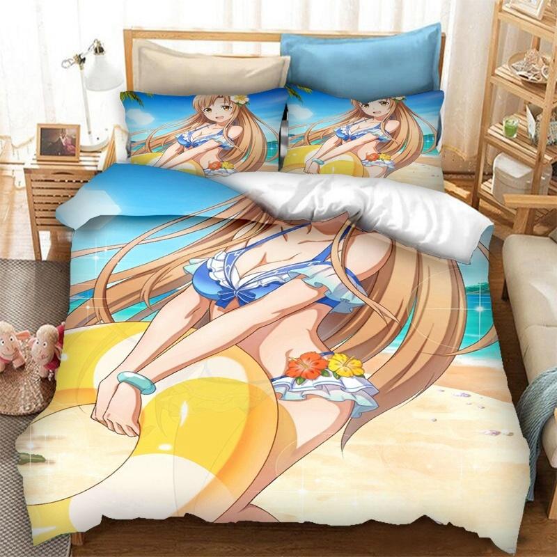 Anime SAO Yuuki Asuna Bedding Set,Duvet Cover Comforter Bed Set Quilt Cover Pillowcase,King Queen Twin Size Boys Girls Adults
