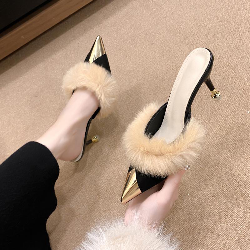 Fashion Women's Metal Pointed High Heels Spring Baotou Shallow Mouth Leather Cover Foot Anti-slip Wear-resistant Slippers