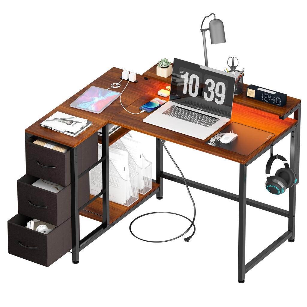 LunarLight PC Computer Desk Width 72cm Telework Desk L Shape Freely Reconfigurable Left and Right Monitor Stand Height Adjustable Comes with Drawer