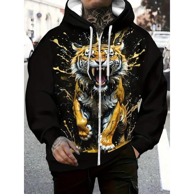 Herren Kapuzenpullover mit Reißverschluss und Tiger-Grafik, Langarm, Lässiger Outdoor-Mode-Mantel mit Kordelzug und Taschen, Reißverschluss-Kapuzenpullover für den Mann
