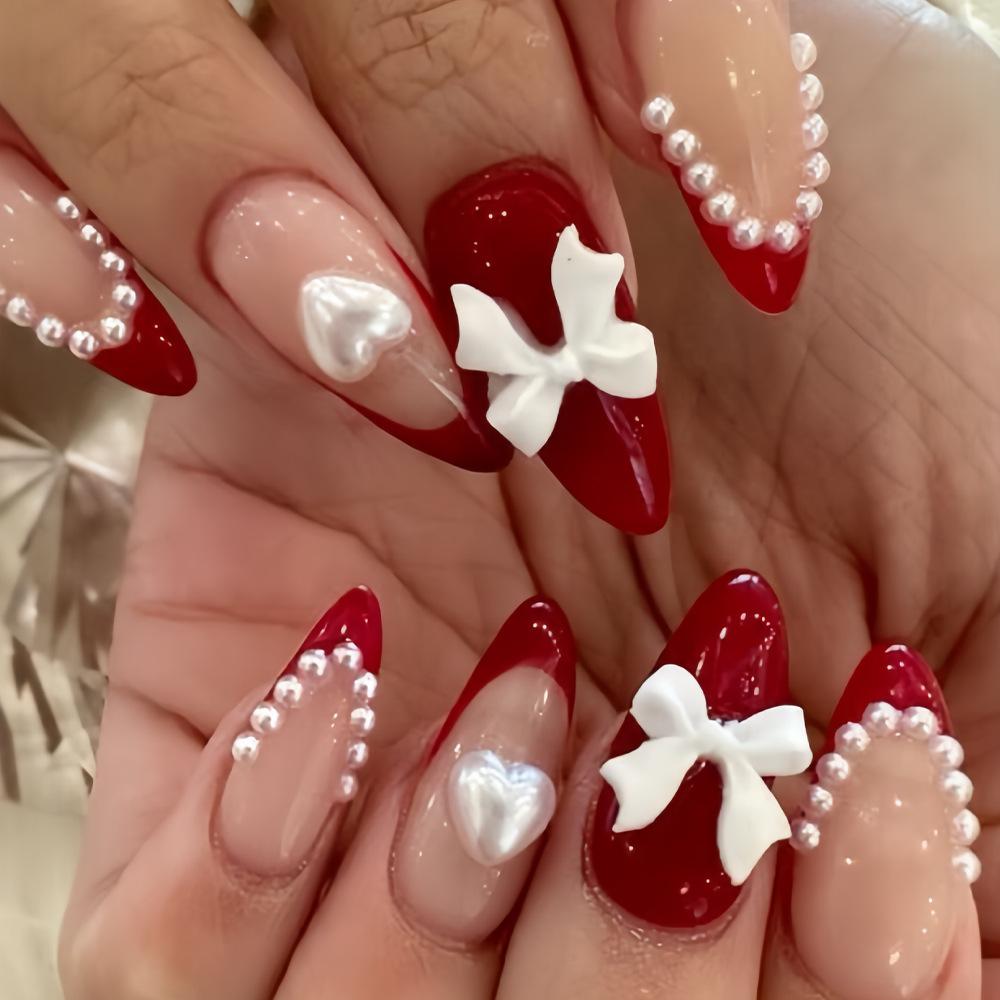 Red French 3D Pearl Bow Wear Nail Fashion Love Pearl Burgundy French Nail Art