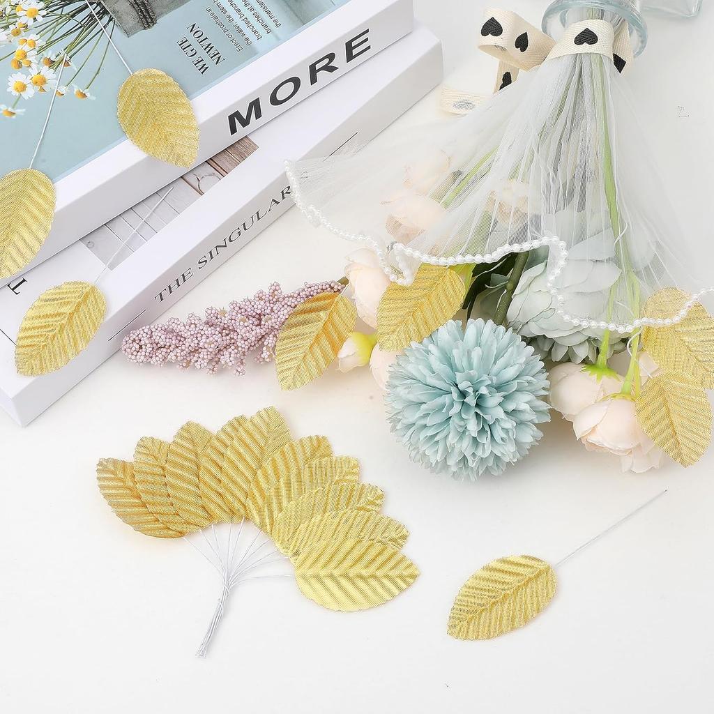 200pcs Gold Leaves Artificial Flowers,Artificial Silk Leaves, Fake Leaves with Stems Crafts Fake Faux Wired Single Leaf for DIY Crafts Floral