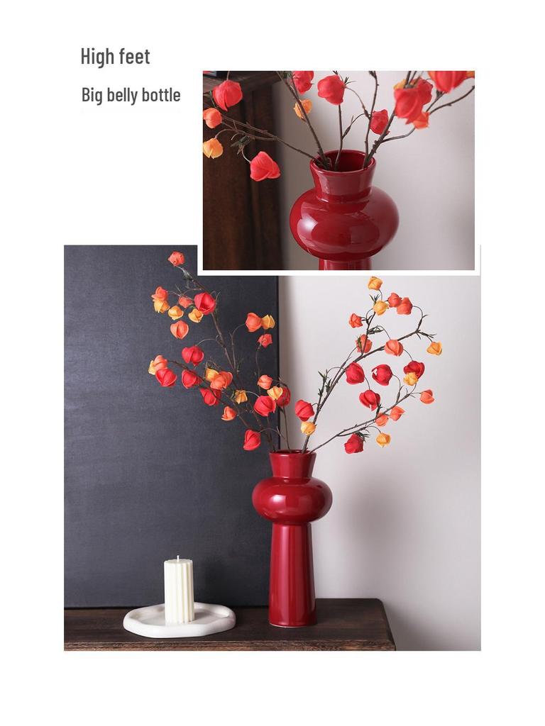 Čínská červená keramická váza ze poloviny století - Novoroční speciální ozdoba pro obývací pokoj nebo svatební aranžmá ze sušených květin
