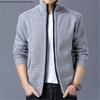 Men's Warm Fleece-Lined Zip Cardigan Sweater - Solid Color, Stand Collar, Plus Size, Casual Winter Wear.