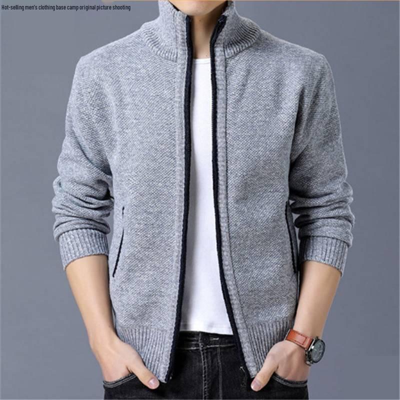 Men's Warm Fleece-Lined Zip Cardigan Sweater - Solid Color, Stand Collar, Plus Size, Casual Winter Wear.