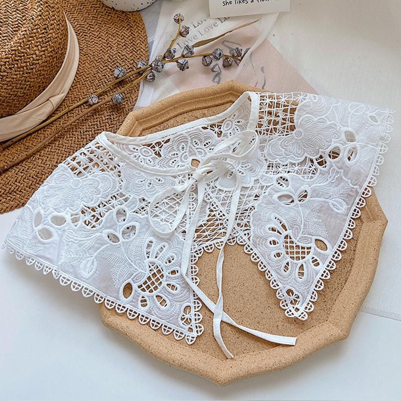 Korean Women White Cotton Fake Collar Shawl Wrap Hollow Out Floral Fish Scales Necklace Scarf Embroidery Short Poncho Dropship