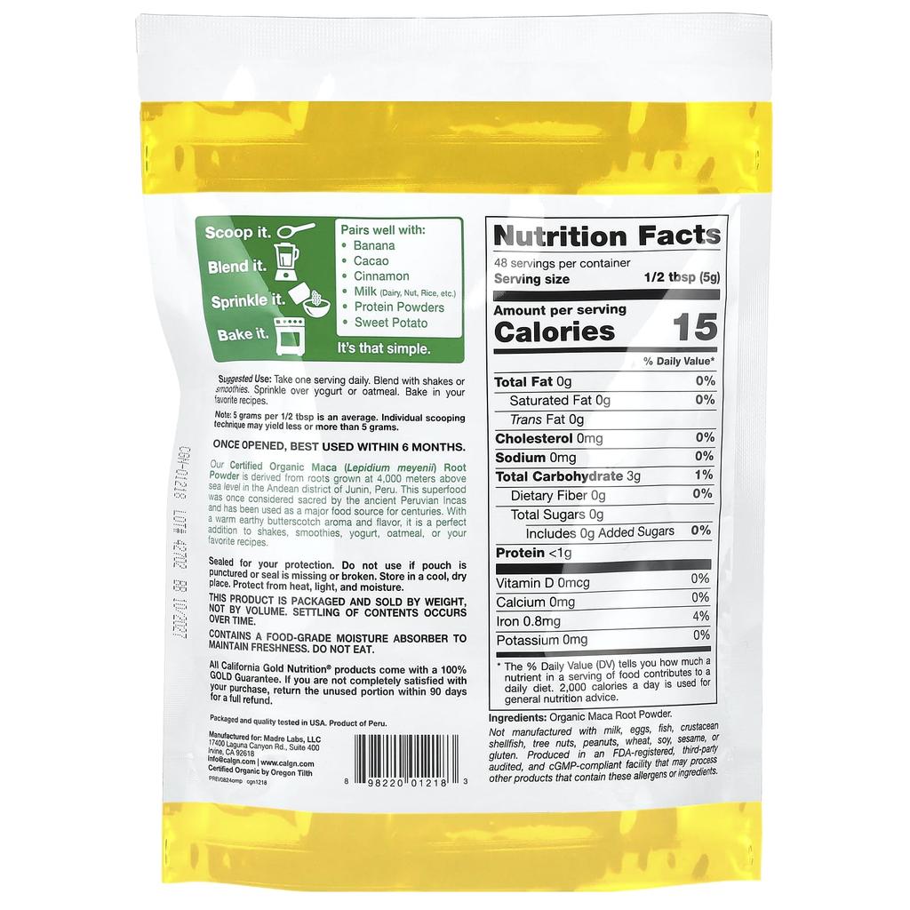 Superfood, Certified Organic Peruvian Maca Root Powder, 240G(8.5Oz)