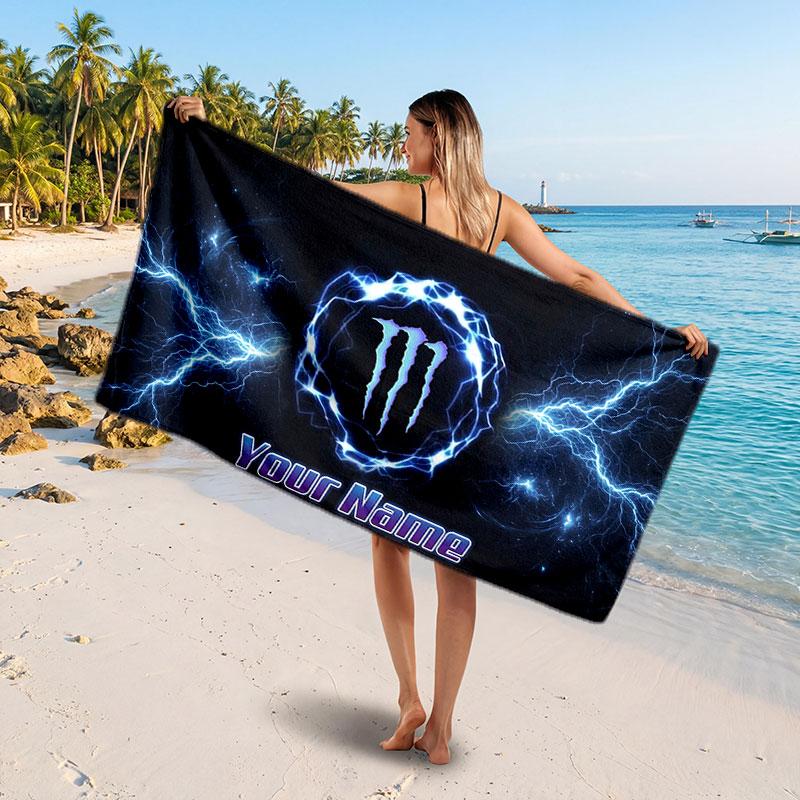 Monster Energy Kişiye Özel İsim Yazılı Plaj Havlusu, Yumuşak Emici Havlu Plaj Havuz Seyahat Kişisel Hediye